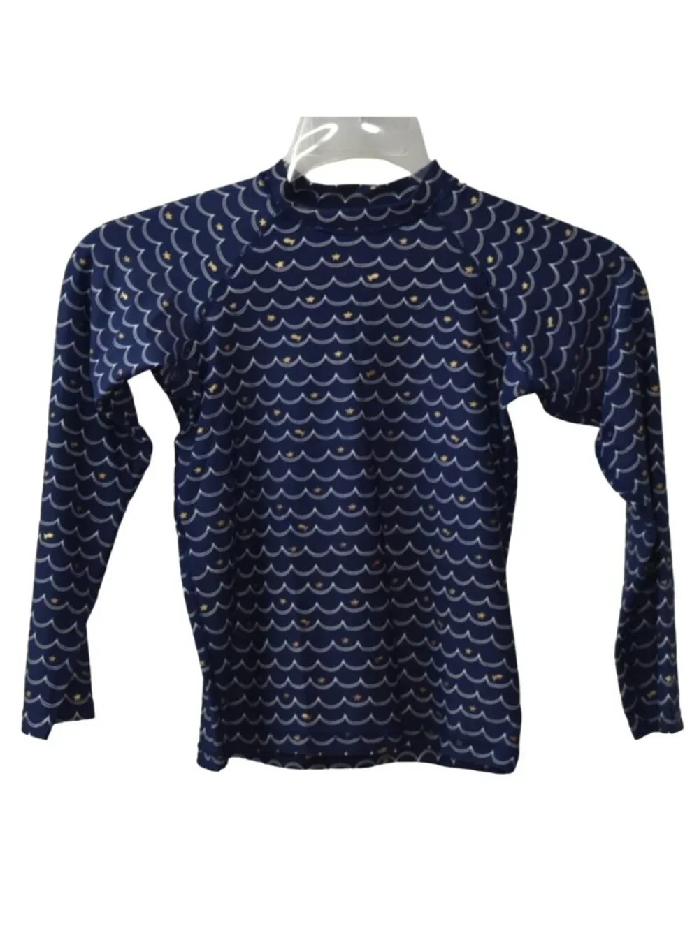 EGG Girls Long Sleeve Rash Guard Swimsuit Bikini Bottom Navy Blue Wave Print Siz